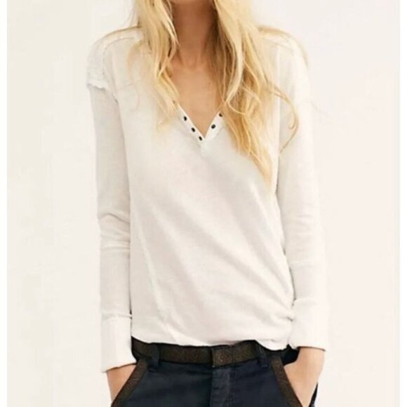 Free People Military Mix Henley Long‎ Sleeve Top Cream Combo Size Small NWT - Picture 1 of 11